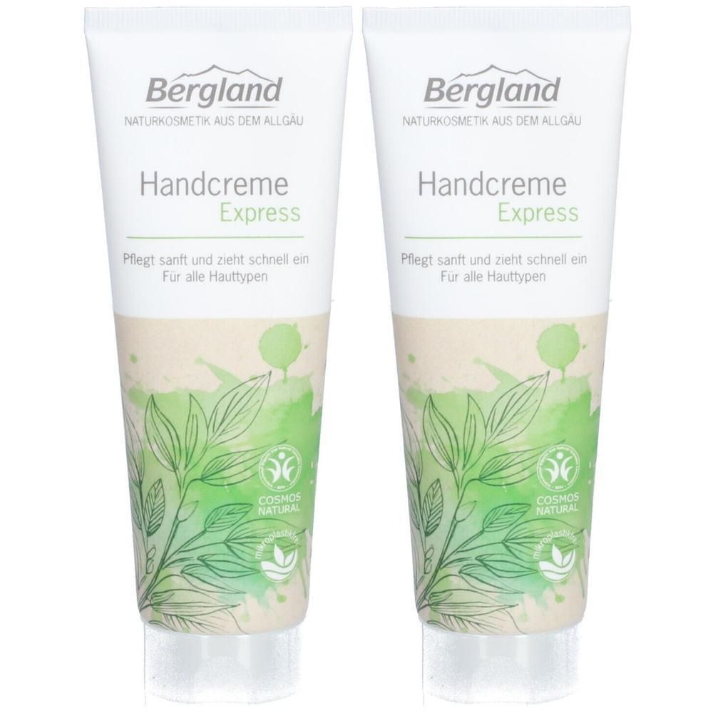 Zwei Tuben Handcreme Express. Weiße Tuben mit grünen Blättern und dem Label "COSMOS NATURAL".