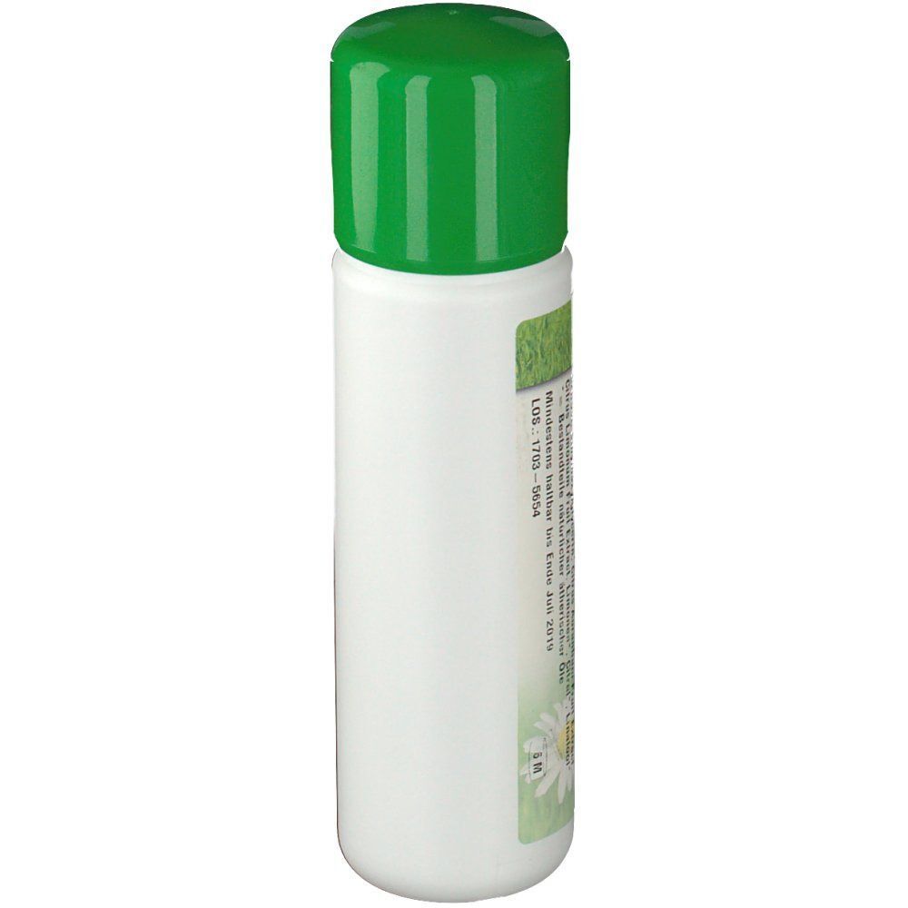 Weiße Shampoo-Flasche mit grünem Deckel. Etikett mit Text und Blümchen.