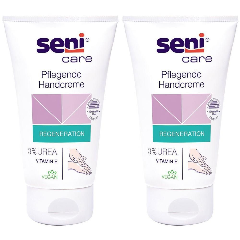 Zwei weiße Tuben Seni Handcreme. Aufschrift: Seni care, Pflegende Handcreme, Regeneration, 3% Urea, Vitamin E, Vegan.