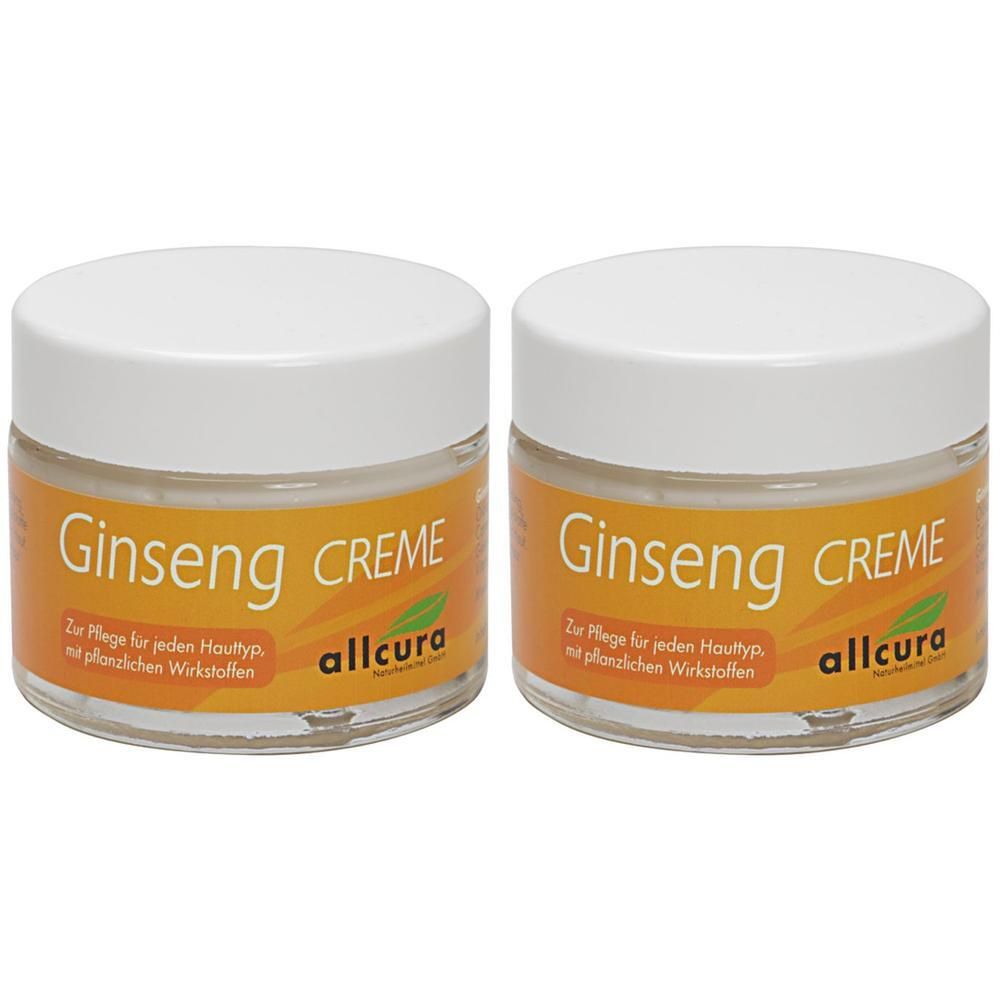 Zwei Gläser allcura Ginseng Creme. Glasbehälter mit weißem Deckel und orangefarbenem Etikett. Aufschrift: Ginseng Creme.