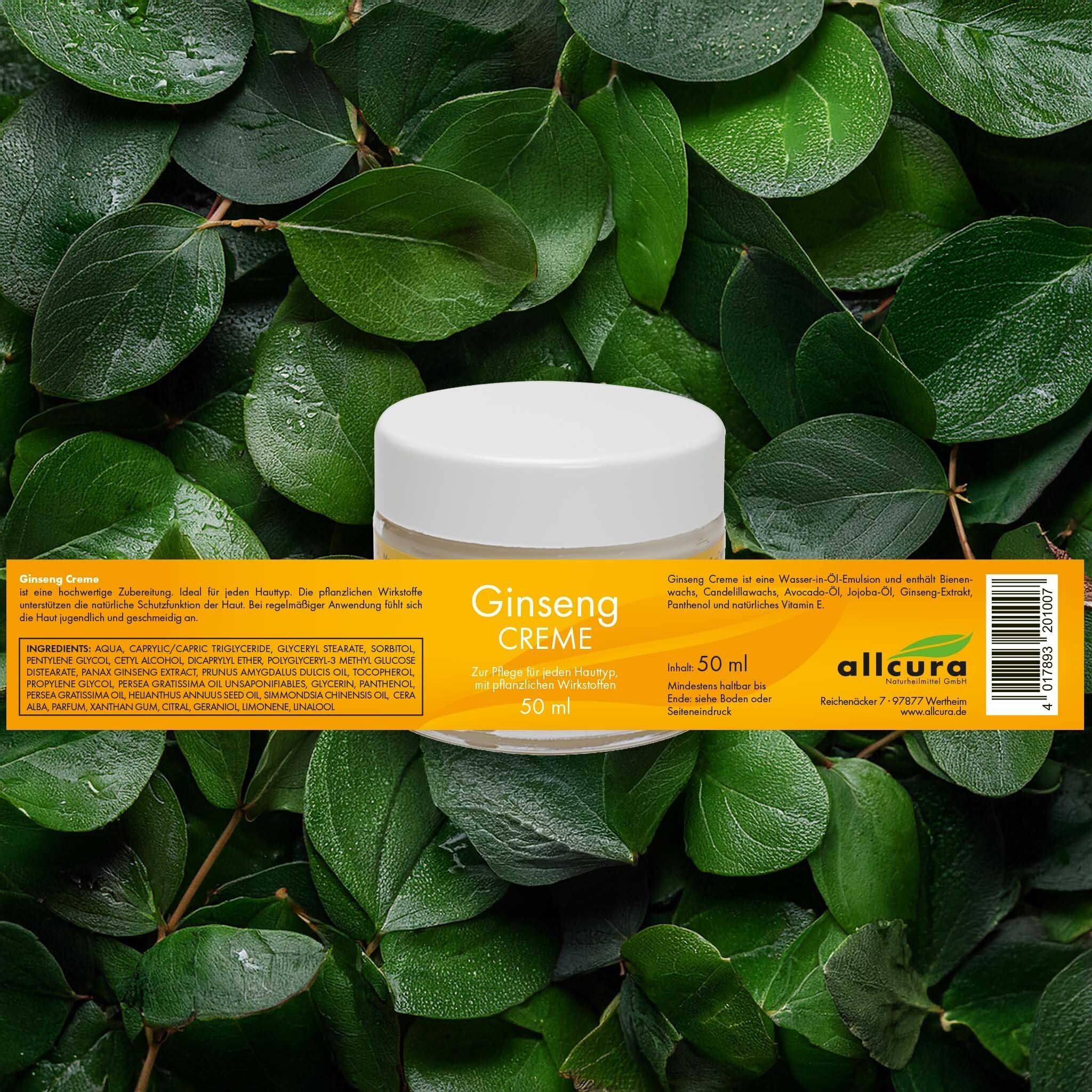 Glas allcura Ginseng Creme auf Blättern. Weißer Deckel, orangefarbenes Etikett. Text: Ginseng Creme, 50 ml, allcura. Hintergrund: grüne Blätter.