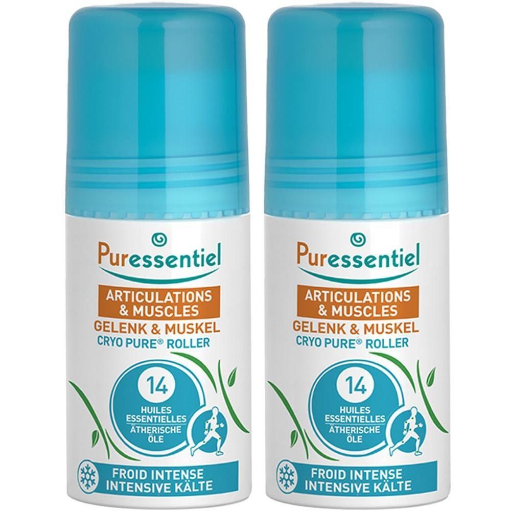 Zwei Roll-on-Flaschen mit blauem Deckel. Aufschrift: Puressentiel, Articulations & Muscles, Cryo Pure Roller. 14 ätherische Öle.