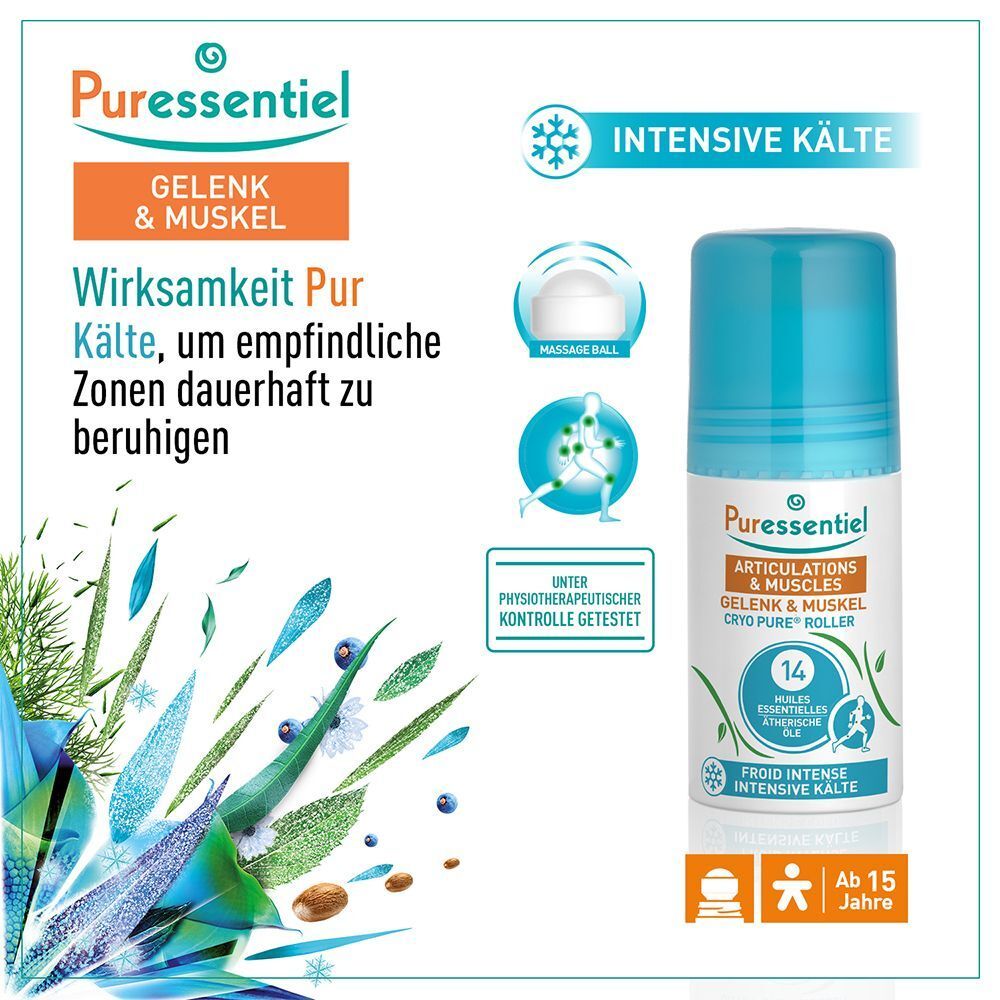 Roll-on-Flasche mit blauem Deckel. Aufschrift: Puressentiel, Articulations & Muscles, Cryo Pure Roller. Mit Massagekugel und Logo.
