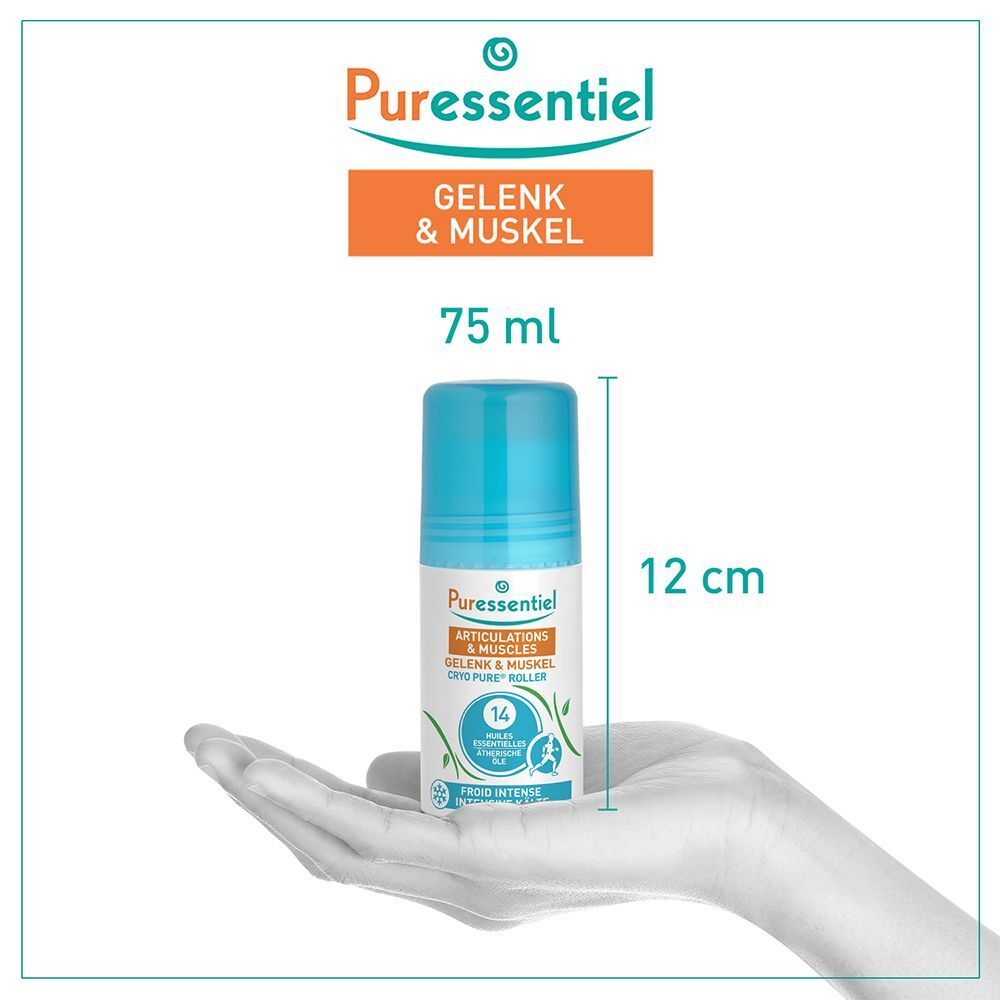 Roll-on-Flasche mit blauem Deckel. Aufschrift: Puressentiel, Articulations & Muscles, Cryo Pure Roller. Größe: 75 ml, 12 cm hoch.