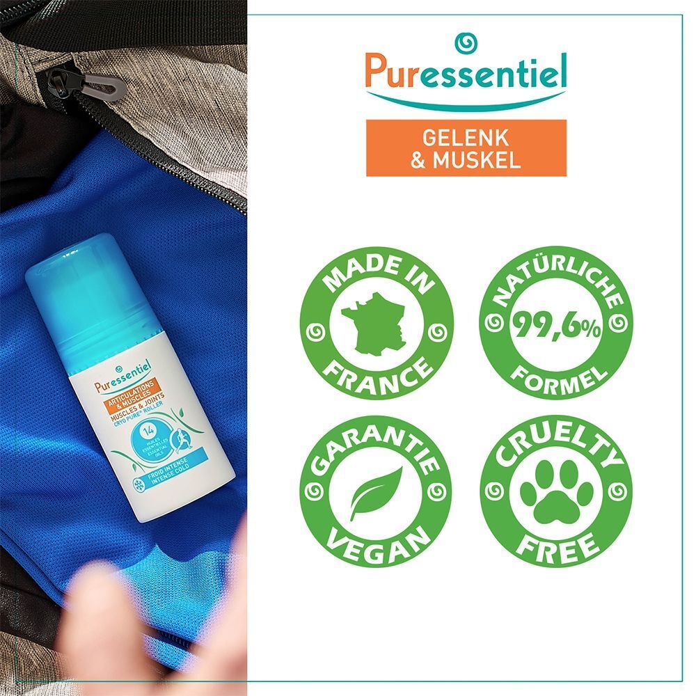 Roll-on-Flasche mit blauem Deckel. Aufschrift: Puressentiel, Articulations & Muscles, Cryo Pure Roller. Mit Zertifizierungen.
