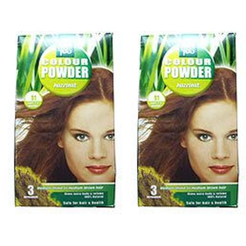 Zwei Packungen Haarfarbe. Auf jeder Packung ist eine Frau mit braunen Haaren abgebildet. Text: Colour Powder, Hazelnut.