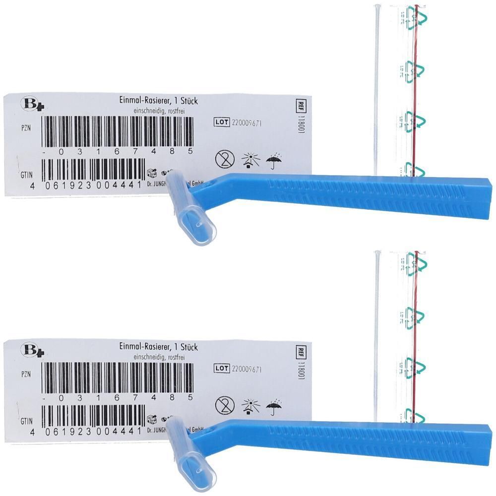 Zwei blaue Einmal-Rasierer mit Schutzhülle und Verpackung. Auf der Verpackung steht "Einmal-Rasierer, 1 Stück".