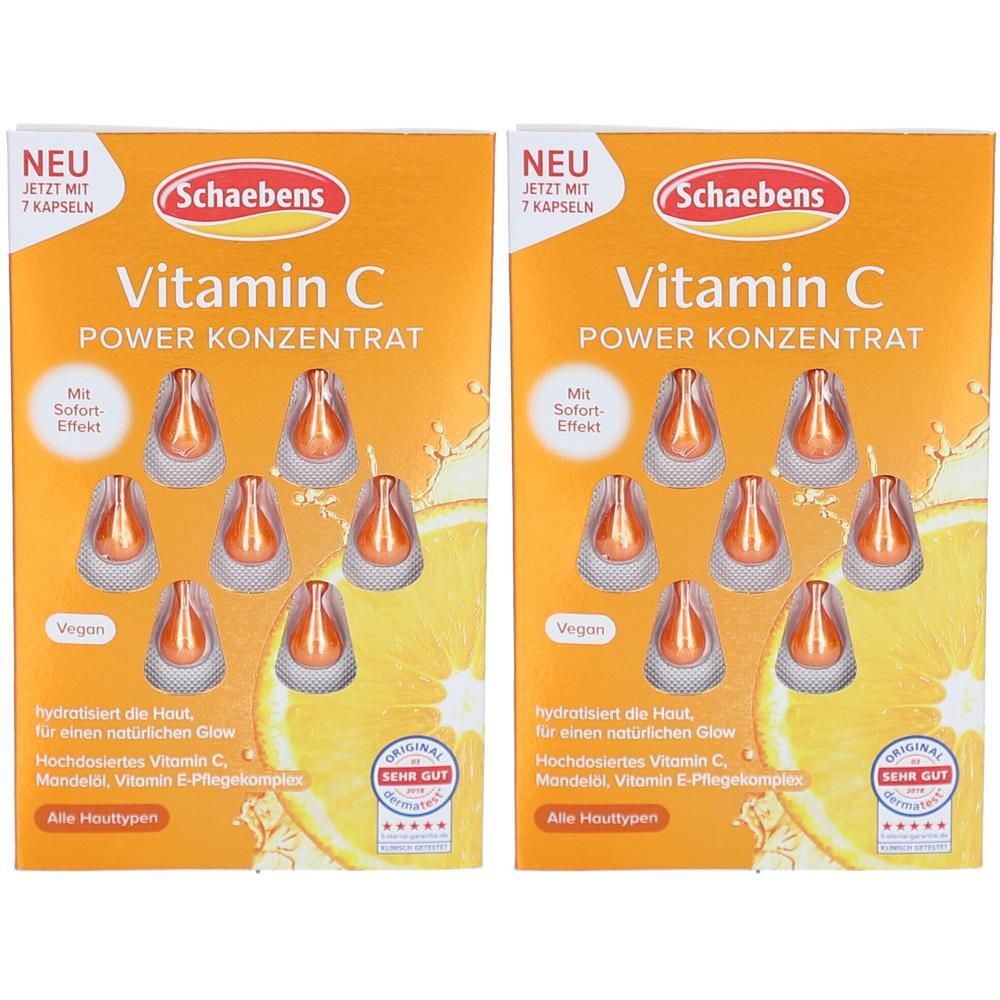 Zwei Packungen Schaebens Vitamin C Power Konzentrat mit je 7 Kapseln, mit Orangenscheiben.