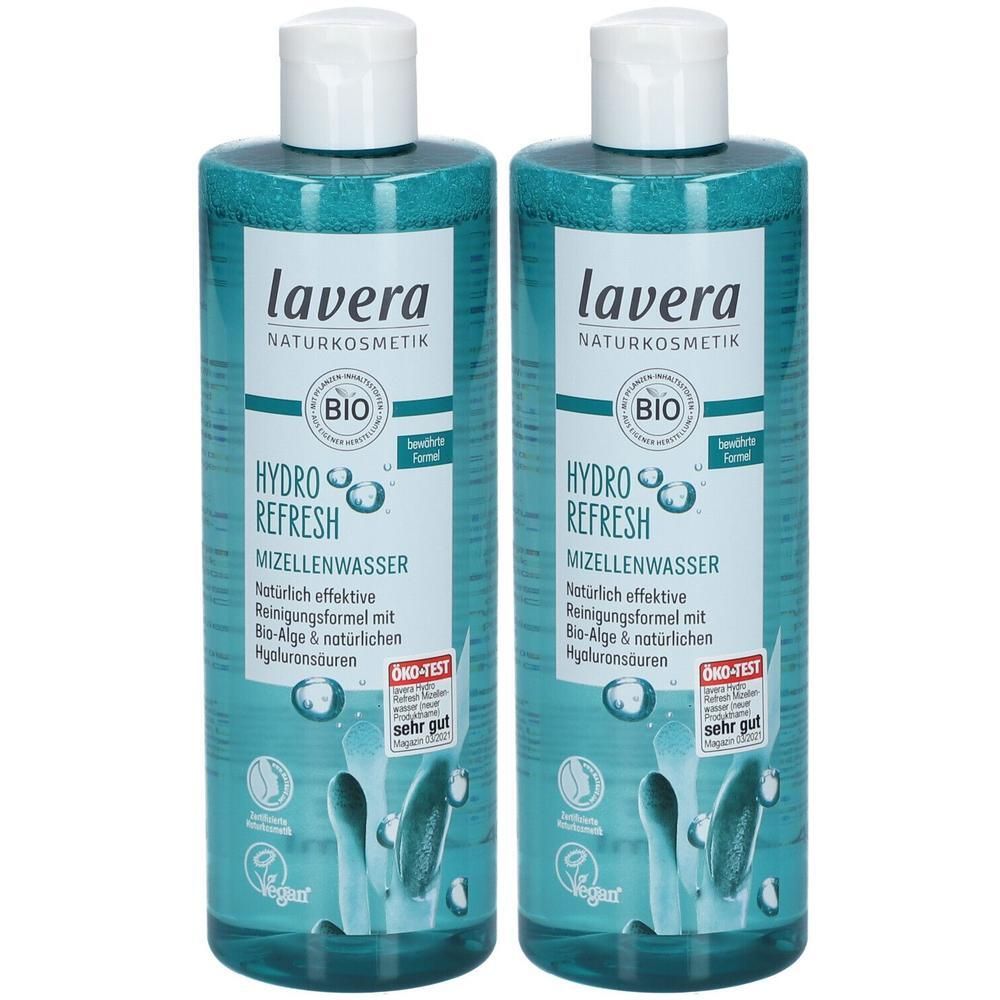 Zwei Flaschen mit blau-grüner Flüssigkeit. Aufschrift: lavera, HYDRO REFRESH, Mizellenwasser. Bio-Siegel und ÖKO-TEST-Auszeichnung.