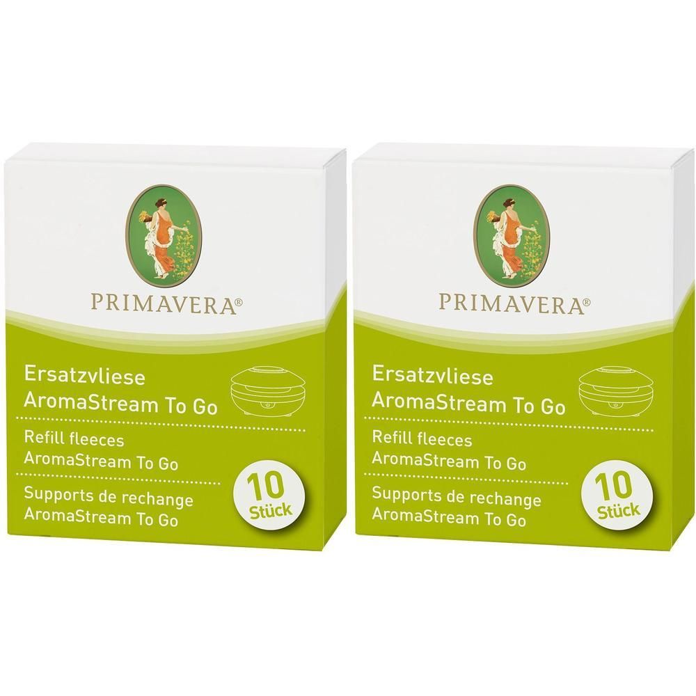 Zwei Kartons mit Ersatzvliesen. Aufschrift: Primavera, Ersatzvliese AromaStream To Go, 10 Stück.