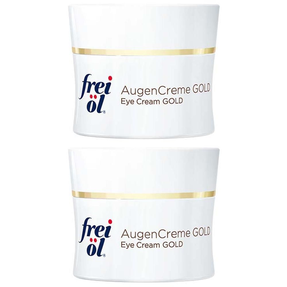 Zwei weiße Tiegel frei öl® AugenCreme GOLD. Goldener Ring um den Deckel. Schriftzug frei öl® und Produktname.