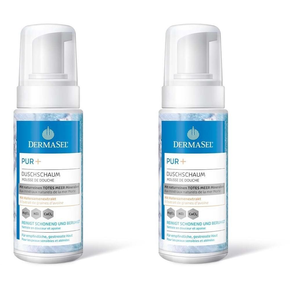 Zwei Flaschen DermaSel PUR+ Duschschaum. Weiße Pumpaufsätze, blaue Etiketten mit Produktinformationen.