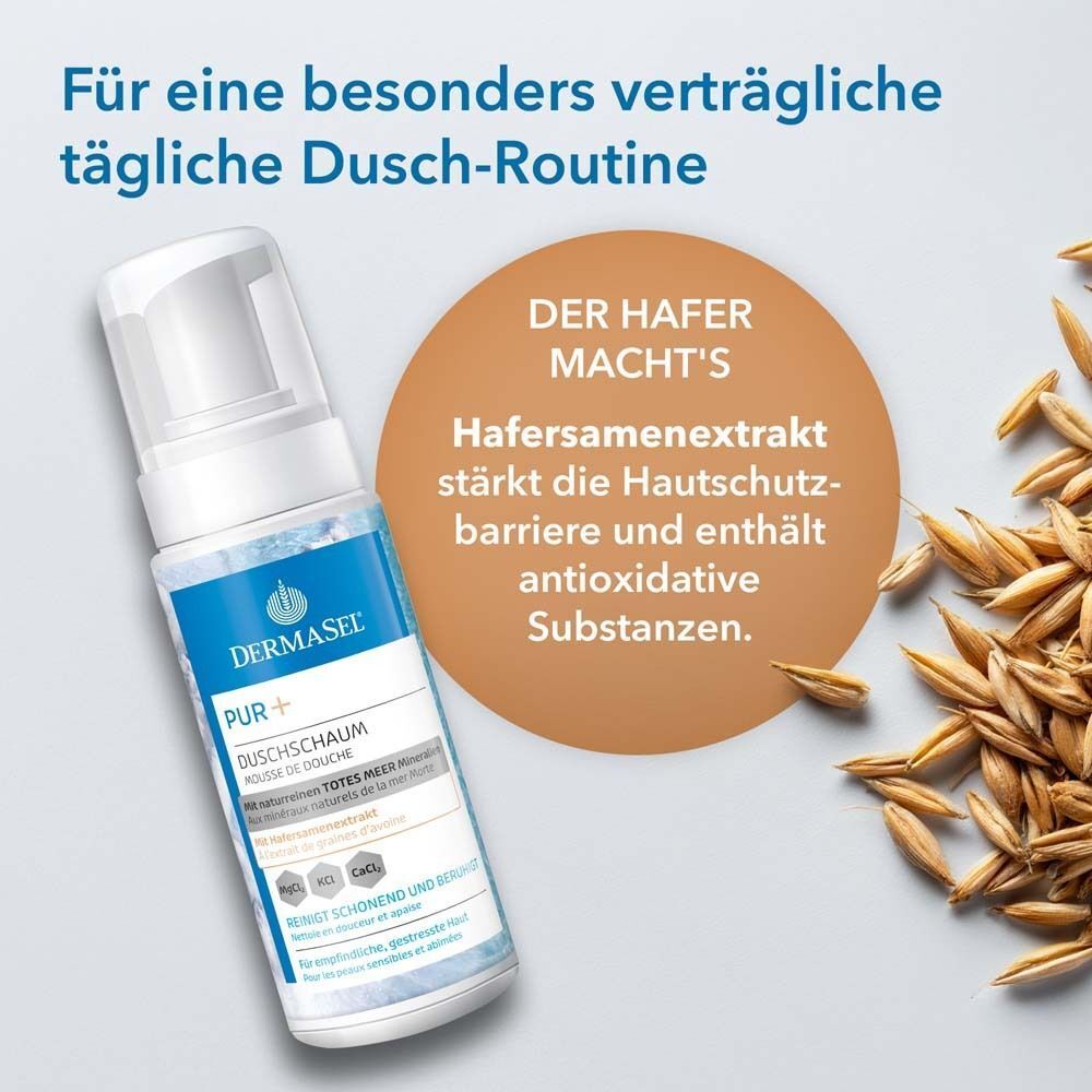 DermaSel PUR+ Duschschaum-Flasche mit Text und Haferflocken-Illustration. Brauner Hintergrund.