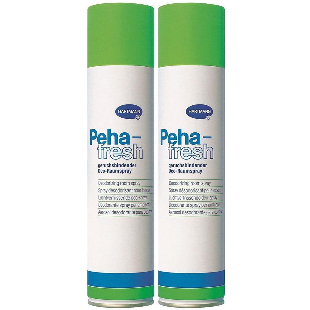 Zwei Sprays mit grünen Deckeln. Aufschrift: Peha-fresh, geruchsbindender Deo-Raumspray. Marke: HARTMANN. Blaue und grüne Streifen am Boden.