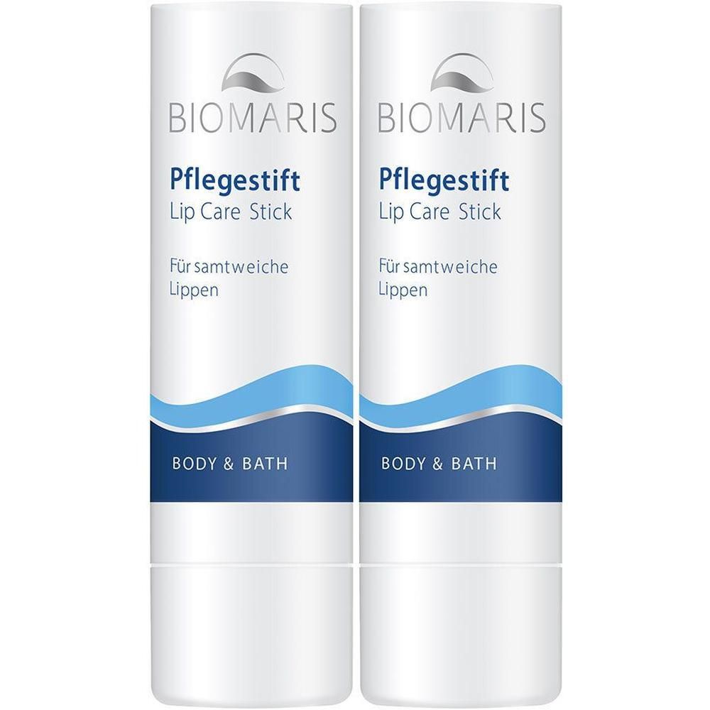 Zwei zylindrische Pflegestifte. Aufschrift: BIOMARIS, Pflegestift, Lip Care Stick, Für samtweiche Lippen, BODY & BATH. Weiß, blau.