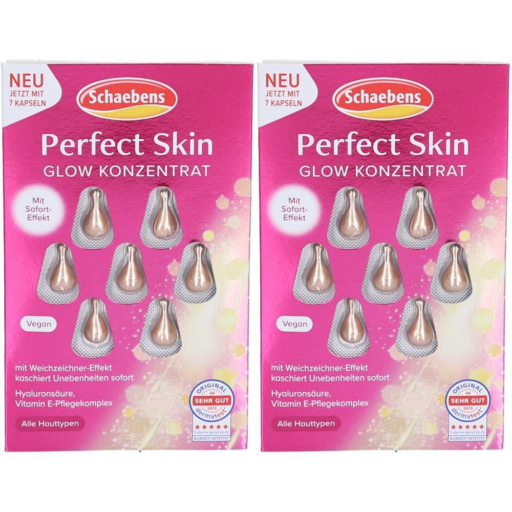 Zwei Packungen Schaebens Perfect Skin Glow Konzentrat mit je 7 Kapseln. Rosa Verpackung mit Darstellungen von Hautpflegekapseln.