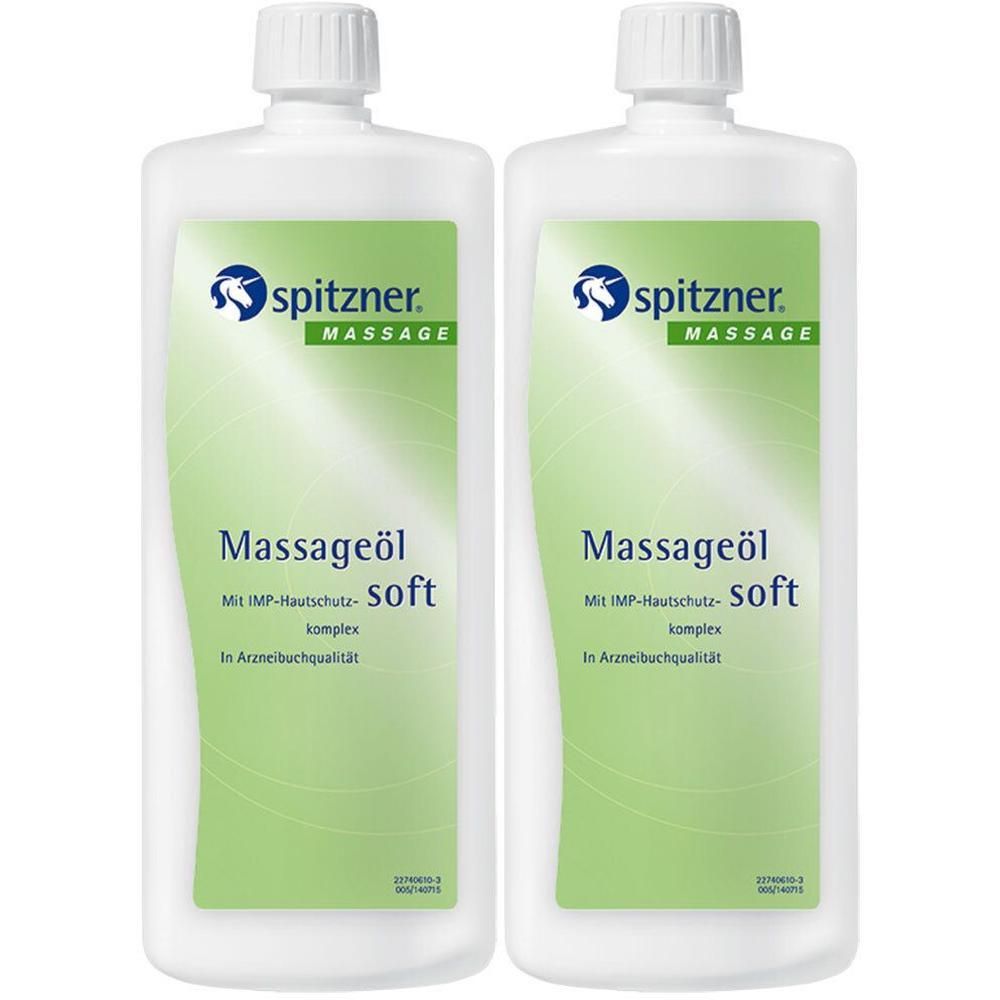 Zwei weiße Flaschen mit Schraubverschluss. Aufkleber mit grünem Hintergrund und Schriftzug Massageöl soft von Spitzner.