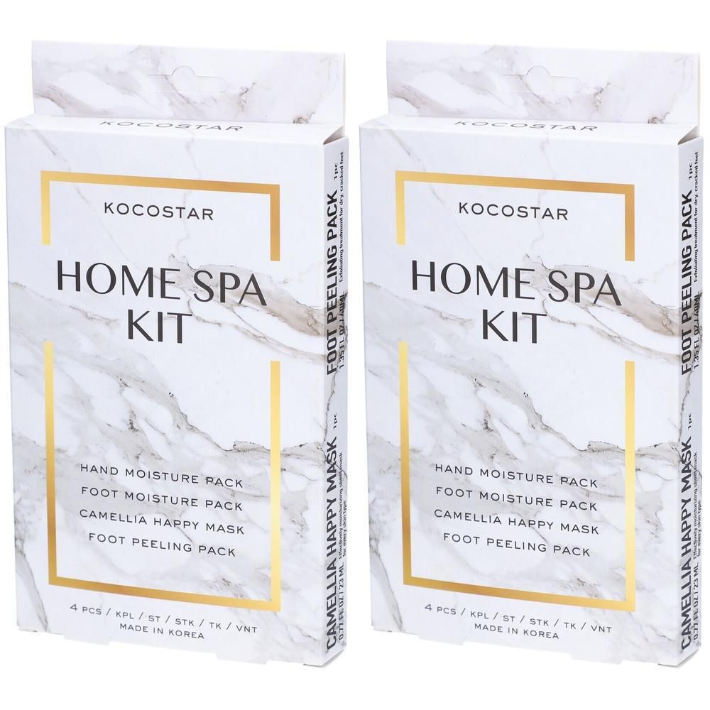 Zwei KOCOSTAR Home Spa Kit-Verpackungen. Weiße Kartons mit Marmormuster und goldenen Rahmen. Enthält Hand- und Fußpflegeprodukte.