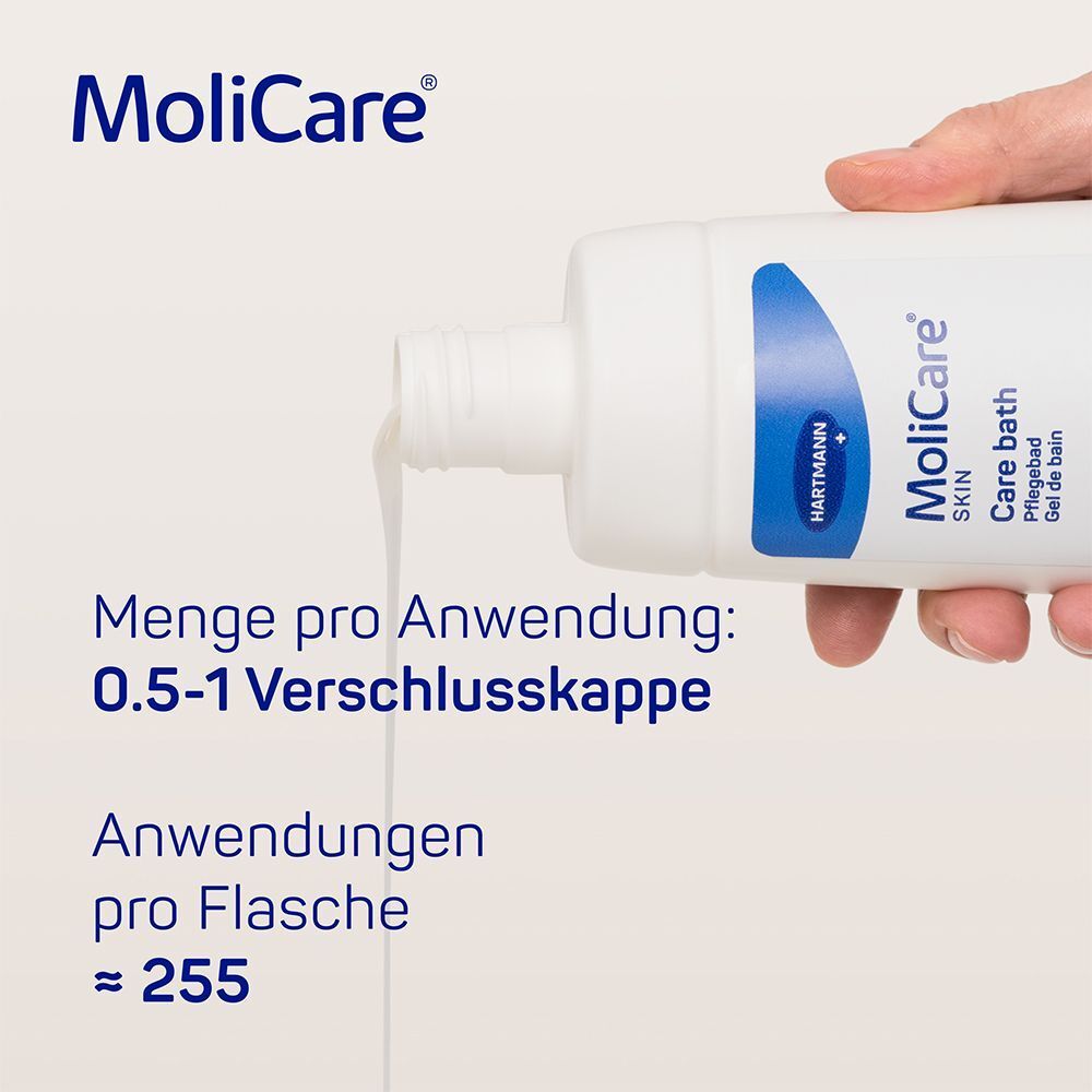 Weiße Flasche mit blauem Deckel. Aufschrift: MoliCare Skin Care bath. Flüssigkeit fließt aus der Flasche. Text: 0.5-1 Verschlusskappe.