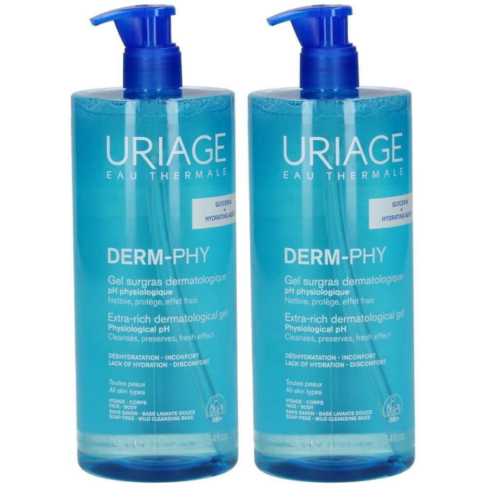 Zwei Flaschen Uriage Derm-Phy Duschgel mit Pumpverschluss. Klare Flüssigkeit in blauen Flaschen.