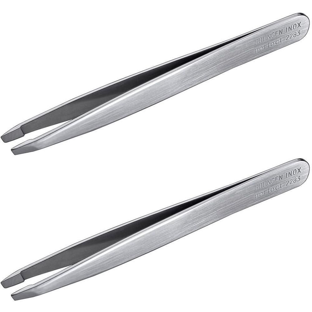 Zwei Pinzetten aus Edelstahl. Aufschrift: INOX. Modell 2283. Spitze, abgeschrägt.