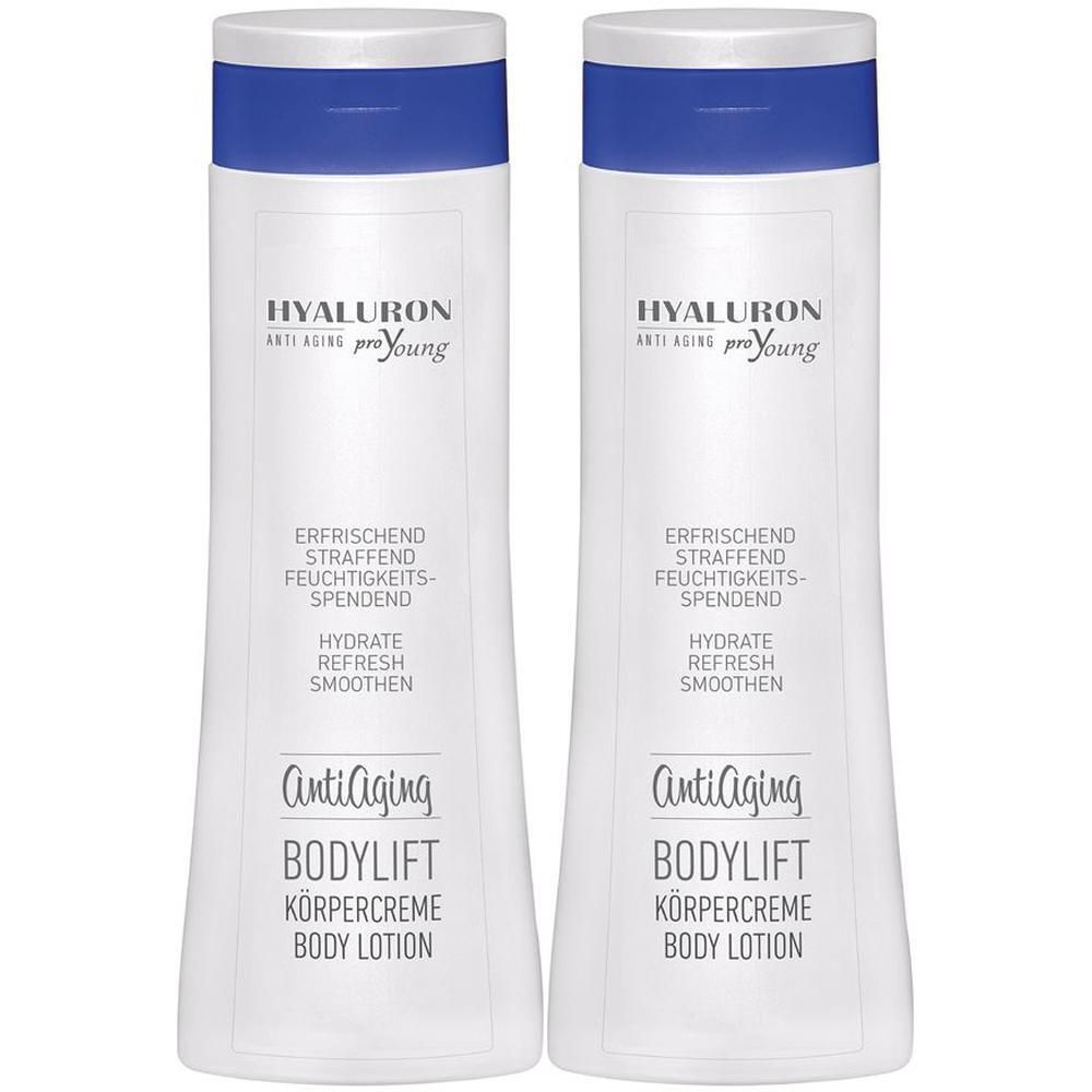 Zwei weiße Flaschen mit blauem Deckel. Aufschrift: HYALURON proYoung Anti-Aging BODYLIFT KÖRPERCREME. Text: Erfrischend, straffend, feuchtigkeitsspendend.