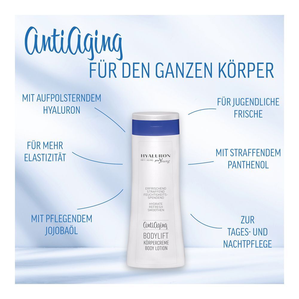 Flasche HYALURON proYoung Anti-Aging BODYLIFT KÖRPERCREME. Text: Für den ganzen Körper. Mit Hyaluron, Jojobaöl, Panthenol. Für jugendliche Frische, Tages- und Nachtpflege.