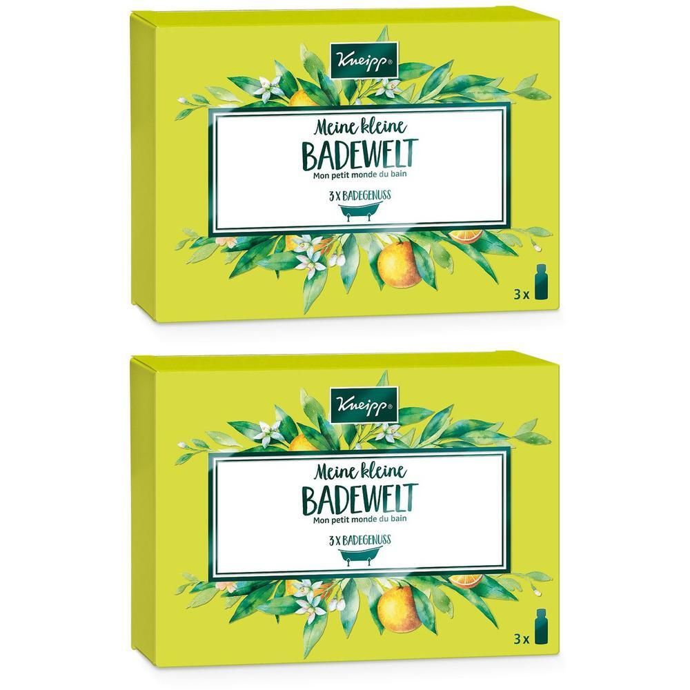 Zwei grüne Geschenkboxen mit floralem Design und dem Schriftzug "Meine kleine Badewelt". Enthält 3 kleine Flaschen.