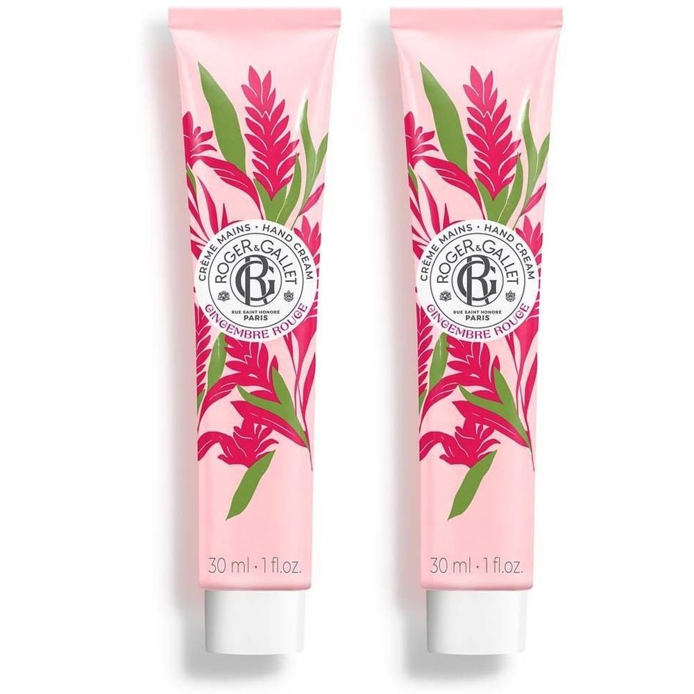 Zwei Tuben Handcreme. Rosa Tuben mit floralem Muster und Schriftzug. Produktname: ROGER&GALLET - Gingembre Rouge - Handcreme.
