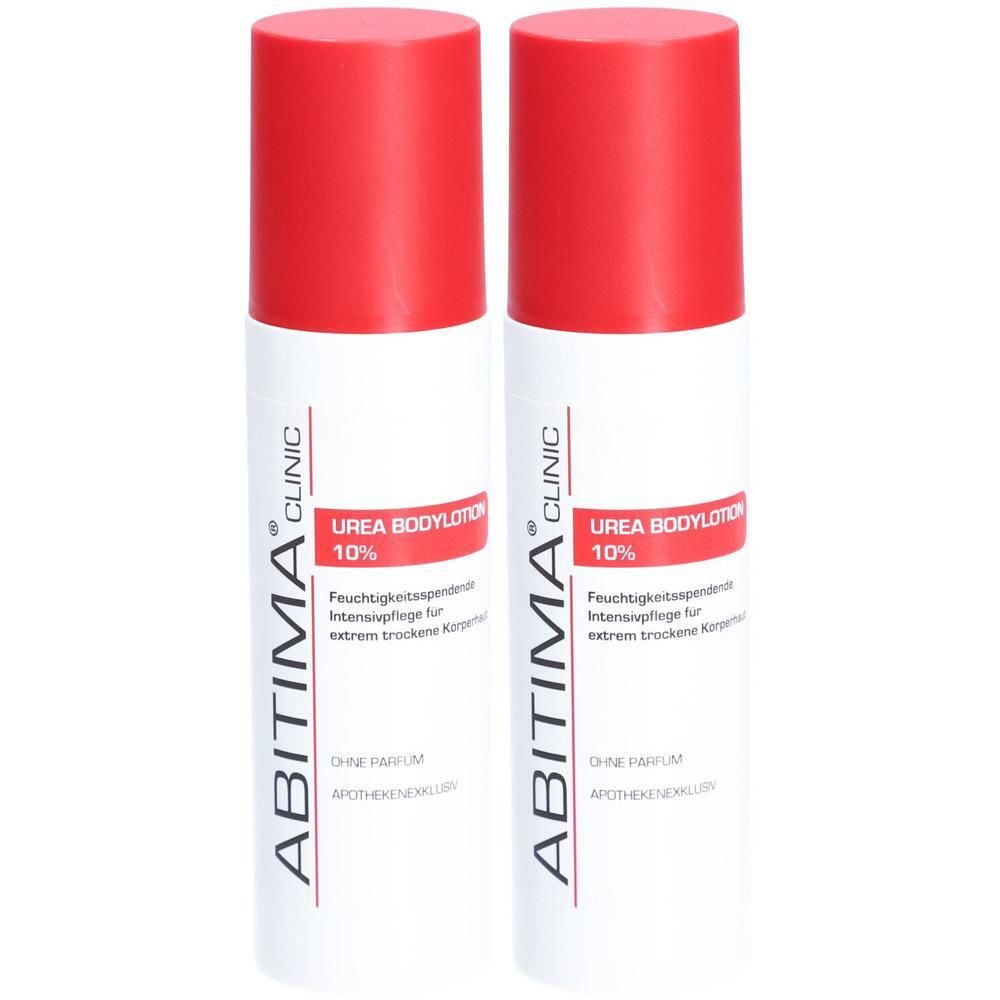 Zwei weiße Flaschen mit rotem Deckel. Aufschrift: ABITIMA CLINIC, UREA BODYLOTION 10%.