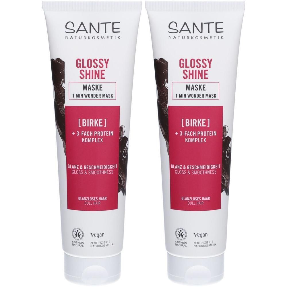 Zwei Tuben SANTE GLOSSY SHINE Maske. Weiße Tuben mit rotem Etikett. Text: GLOSSY SHINE, MASKE, 1 MIN WONDER MASK, [BIRKE].