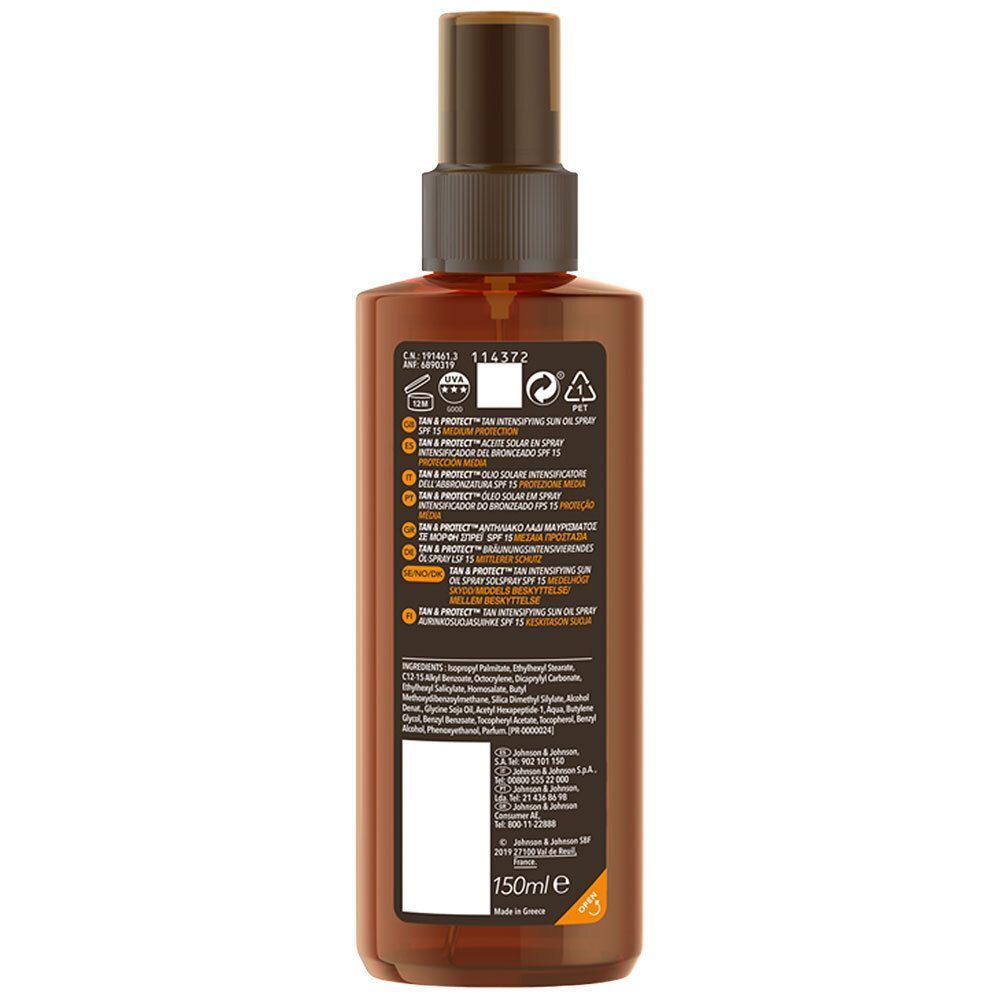 Rückseite der PIZ BUIN® TAN & PROTECT Oil Spray LSF 15 Flasche. Text und Symbole auf braunem Hintergrund.