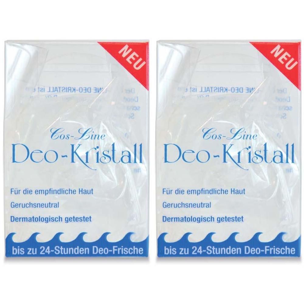 Zwei Packungen Deo-Kristall. Aufschrift: Cos-Line Deo-Kristall, für empfindliche Haut, geruchsneutral, dermatologisch getestet, 24h Deo-Frische.