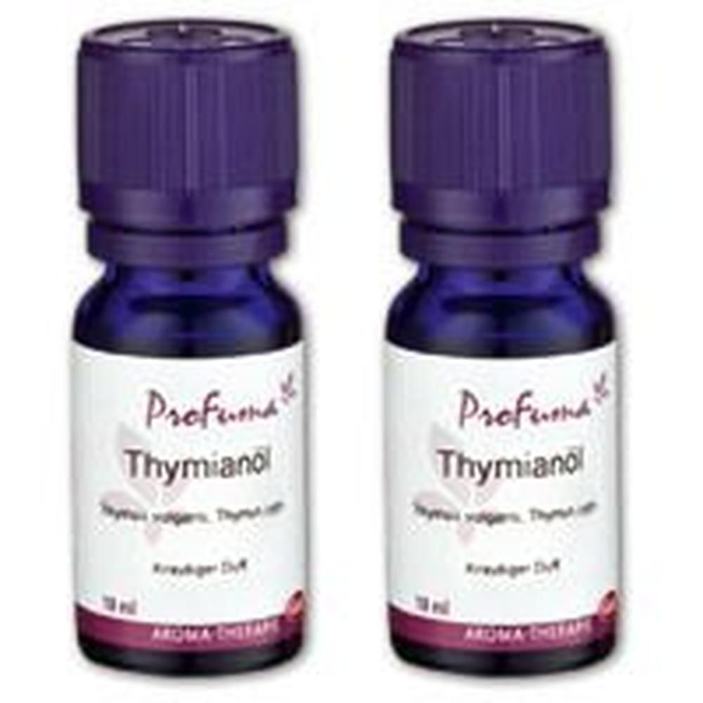 Zwei Flaschen mit violetten Deckeln und Etiketten. Aufschrift: Profuma Thymianöl. Aromatherapie.