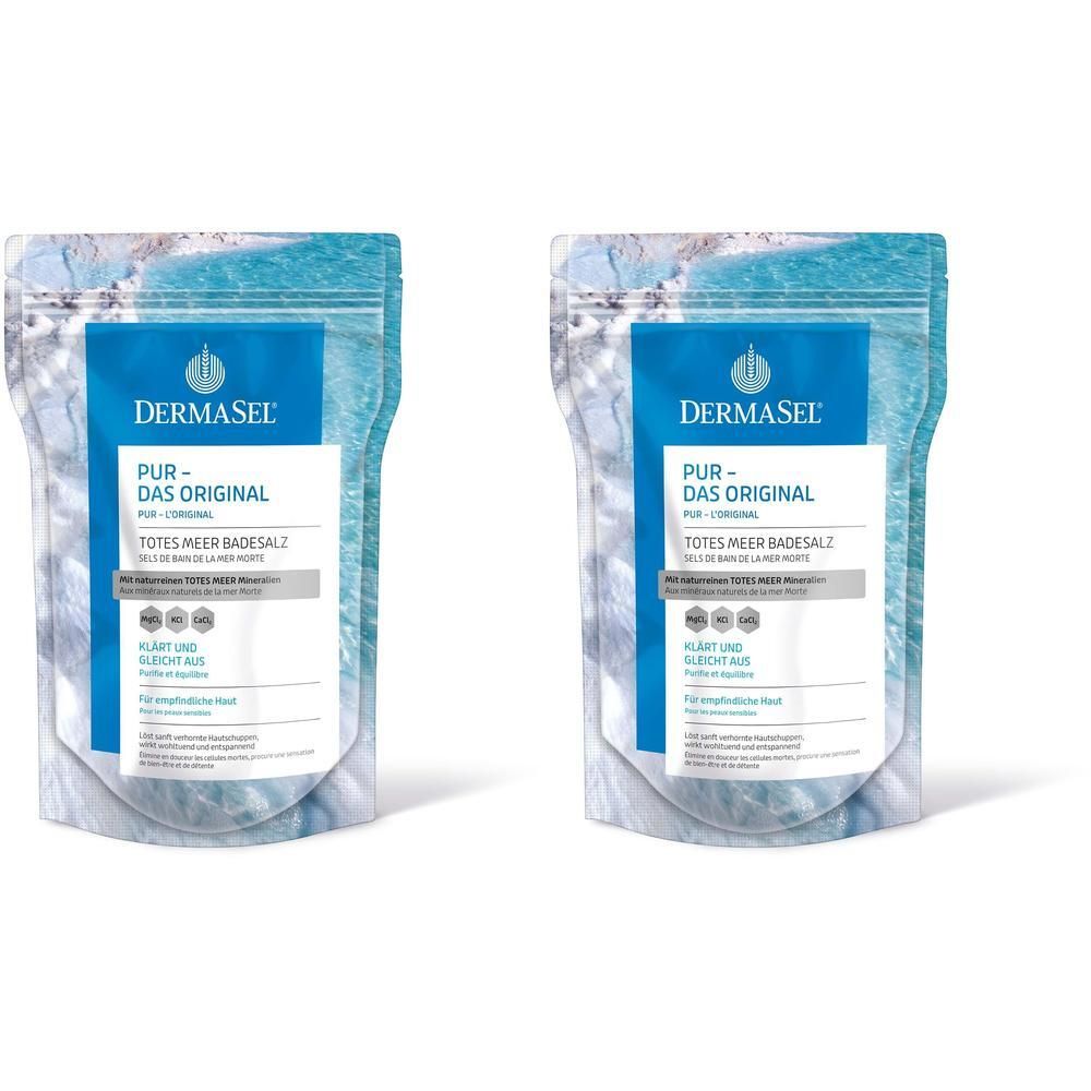 Zwei Beutel DermaSel® Bad PUR. Aufschrift: Totes Meer Badesalz. Blau-weiße Verpackung mit Produktinformationen.