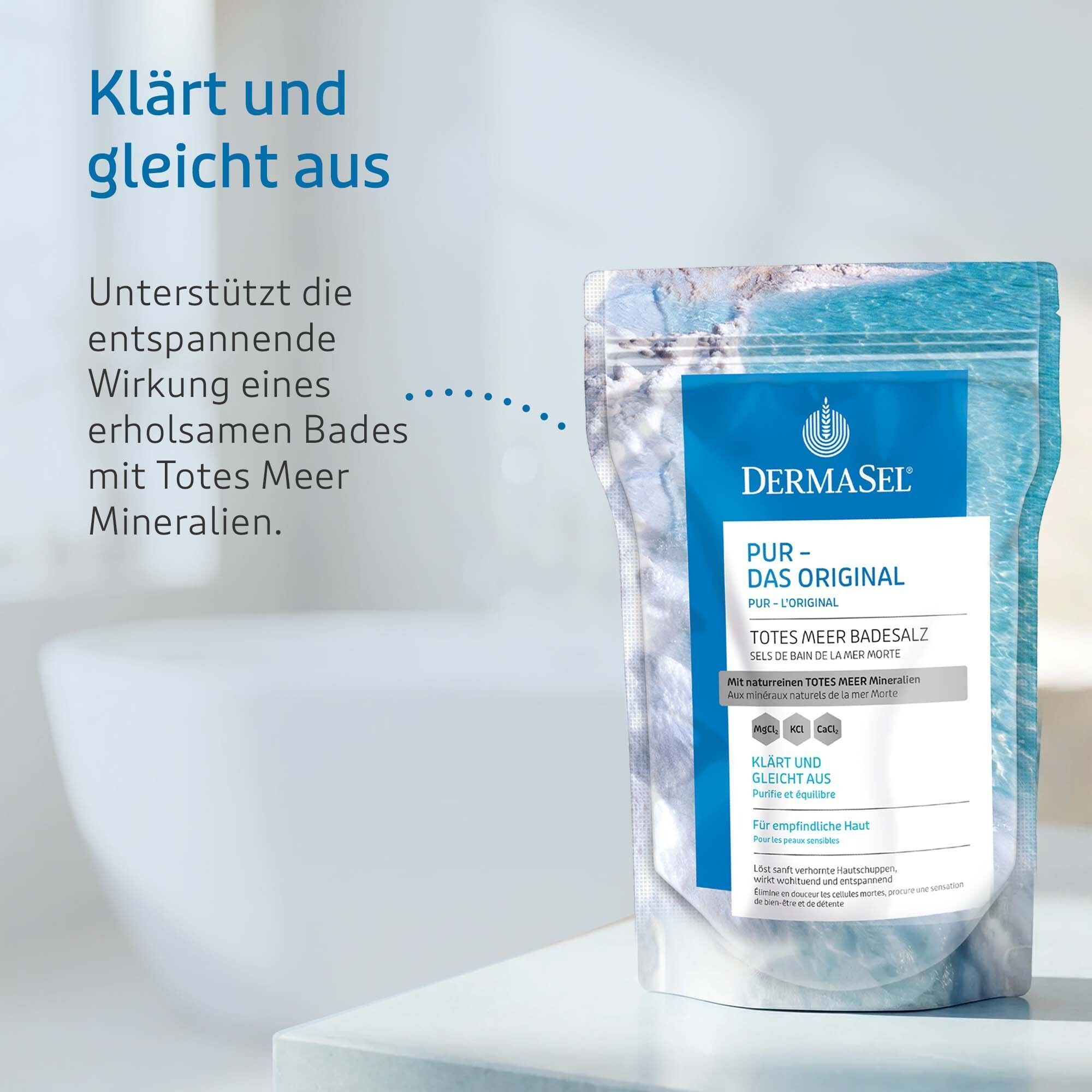 Beutel DermaSel® Bad PUR. Text: Klärt und gleicht aus. Unterstützt entspannende Wirkung eines erholsamen Bades.