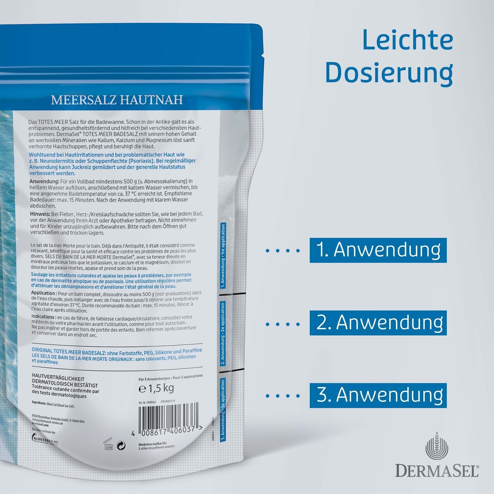 Rückseite des DermaSel® Bad PUR Beutels. Text: Anwendung, Inhaltsstoffe, Gewicht 1,5 kg. Dermatologisch bestätigt.