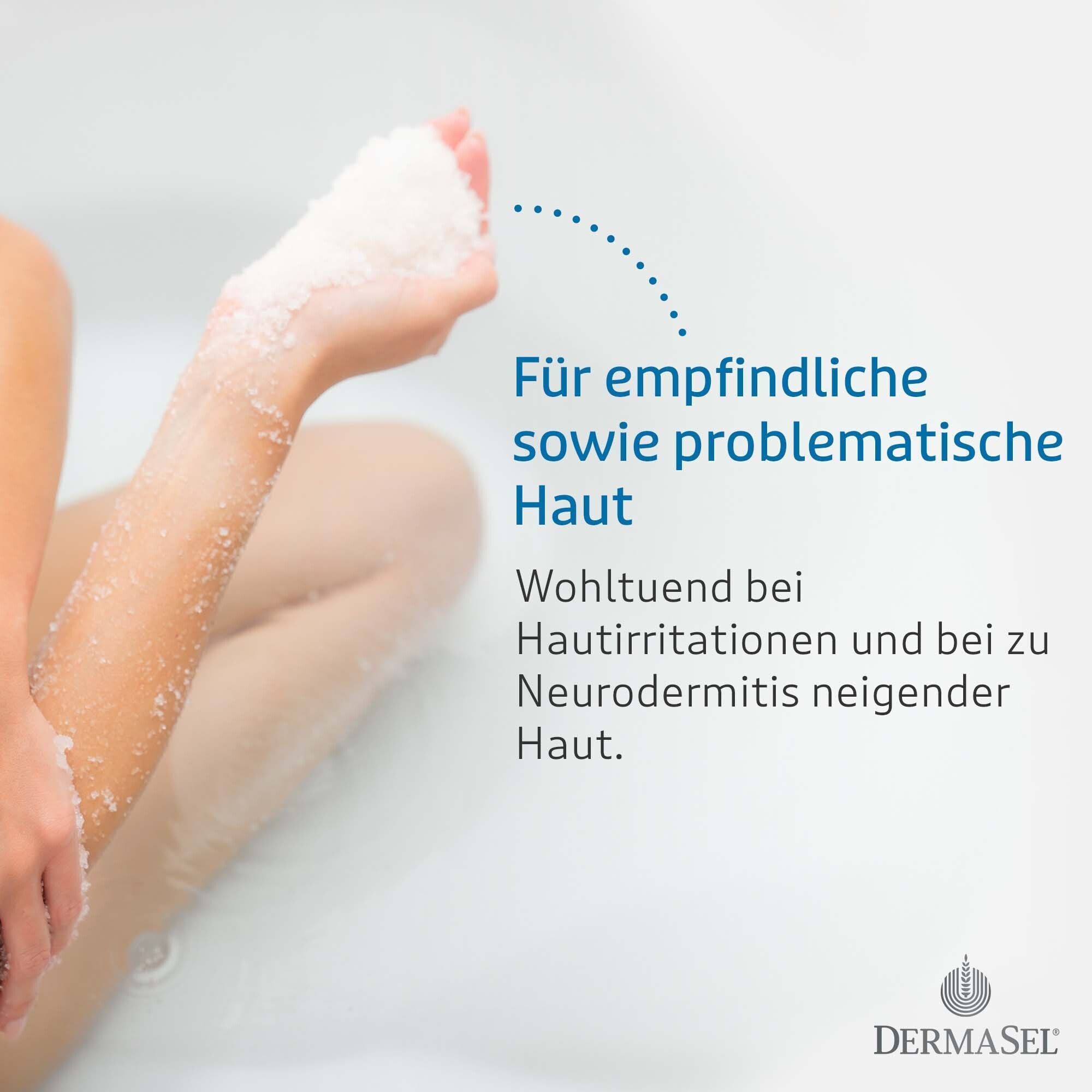 Person in Badewanne mit Salz. Text: Für empfindliche sowie problematische Haut. Wohltuend bei Hautreizungen.