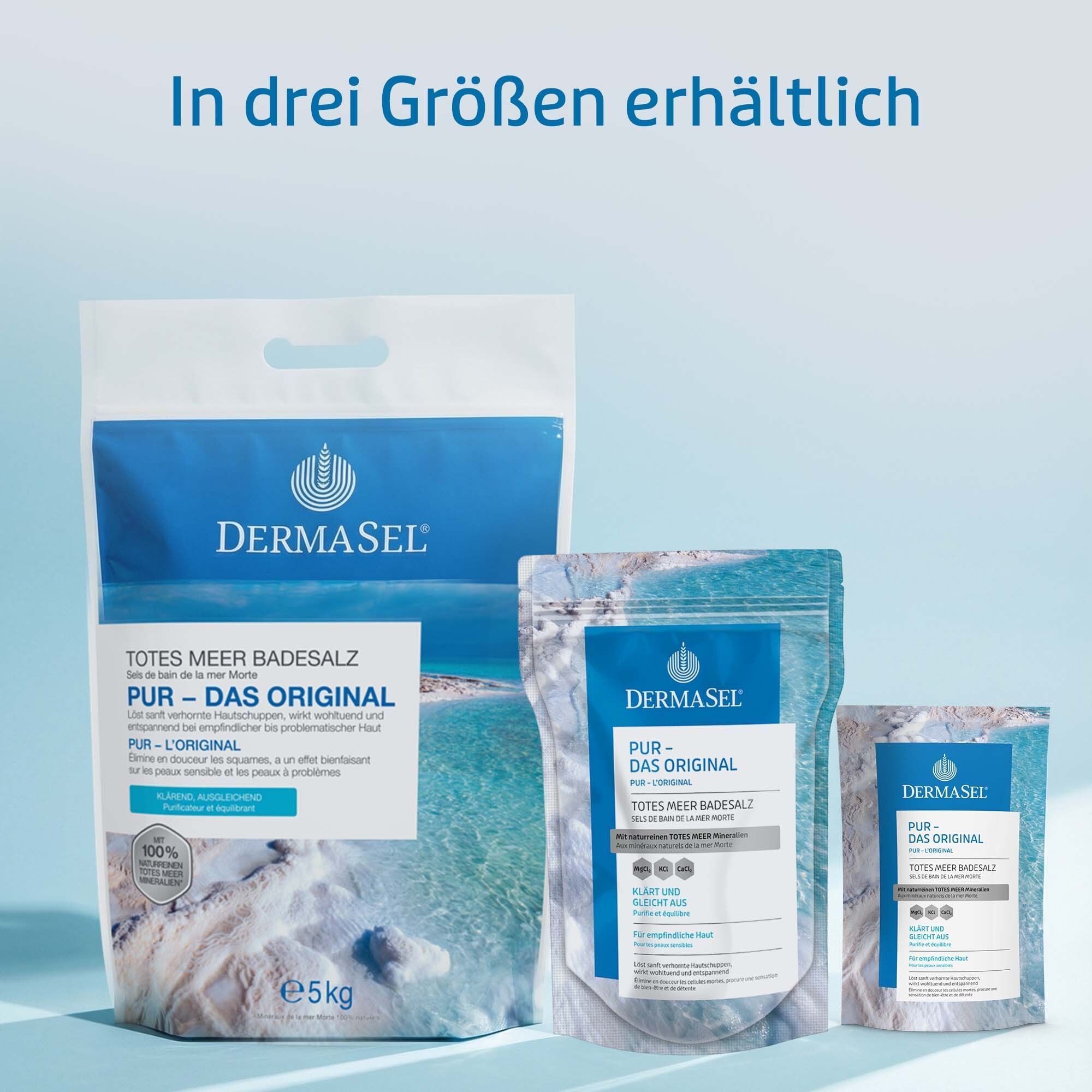 Drei DermaSel® Bad PUR Verpackungen. Text: In drei Größen erhältlich. 5kg, kleinere Packungen.