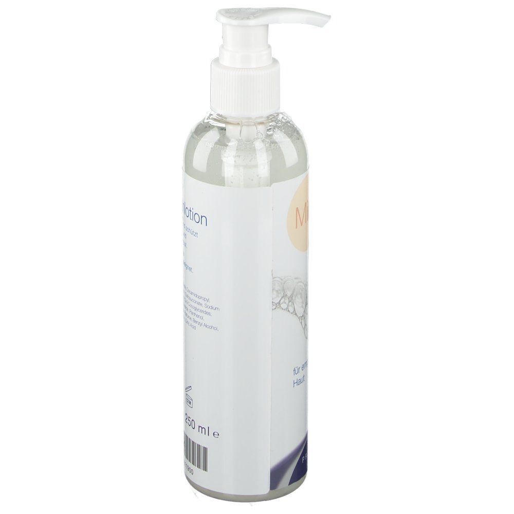 Transparente Flasche mit Pumpspender. Aufschrift: Milde Waschlotion. 250 ml. Rückseite mit Text. Premium.