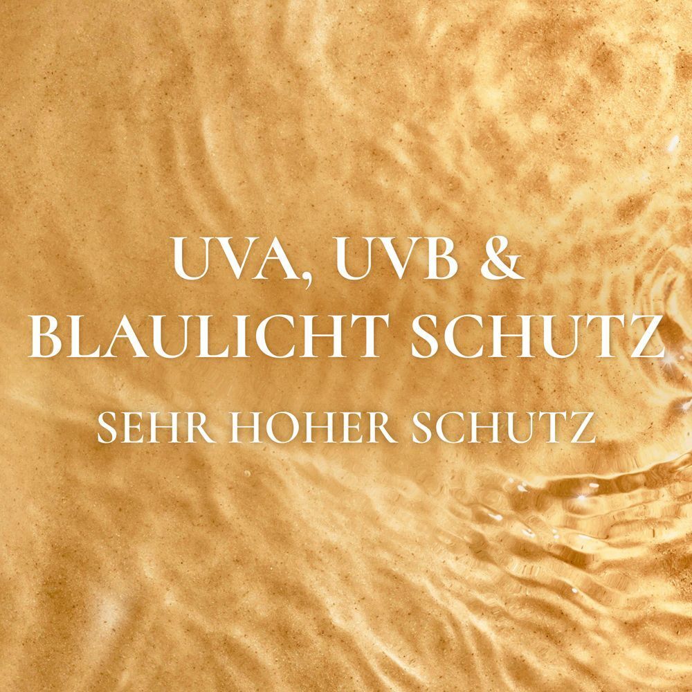 Abstrakte Darstellung von Wasser mit Text über UVA-, UVB- und Blaulichtschutz.