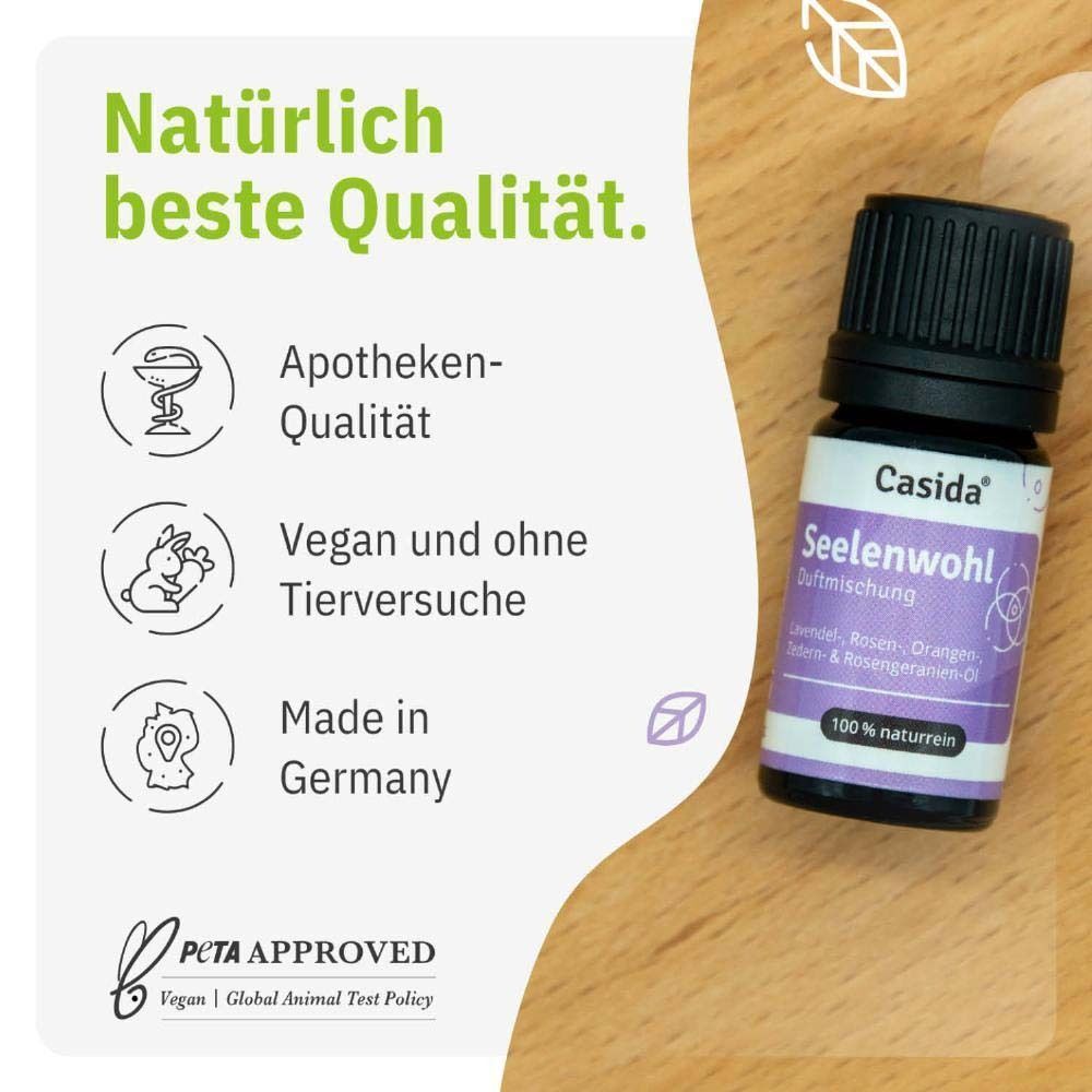 Flasche Casida® Seelenwohl. Violettes Etikett, schwarzer Deckel. Apotheken-Qualität, vegan, ohne Tierversuche, Made in Germany, PETA approved.