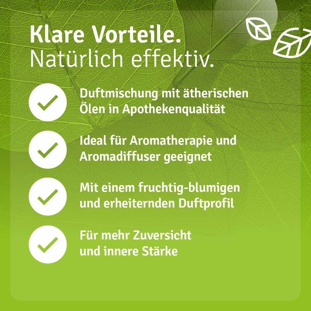 Text: Duftmischung mit ätherischen Ölen in Apothekenqualität. Ideal für Aromatherapie und Aromadiffuser. Fruchtig-blumiges Duftprofil.