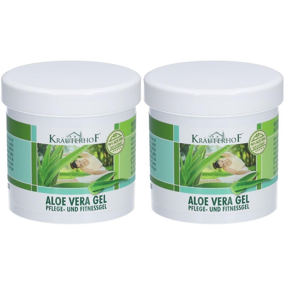 Zwei weiße Tiegel mit Deckel. Aufdruck: Kräuterhof, Aloe Vera Gel, Pflege- und Fitnessgel. Grün-weiße Etiketten mit Aloe-Vera-Motiv.