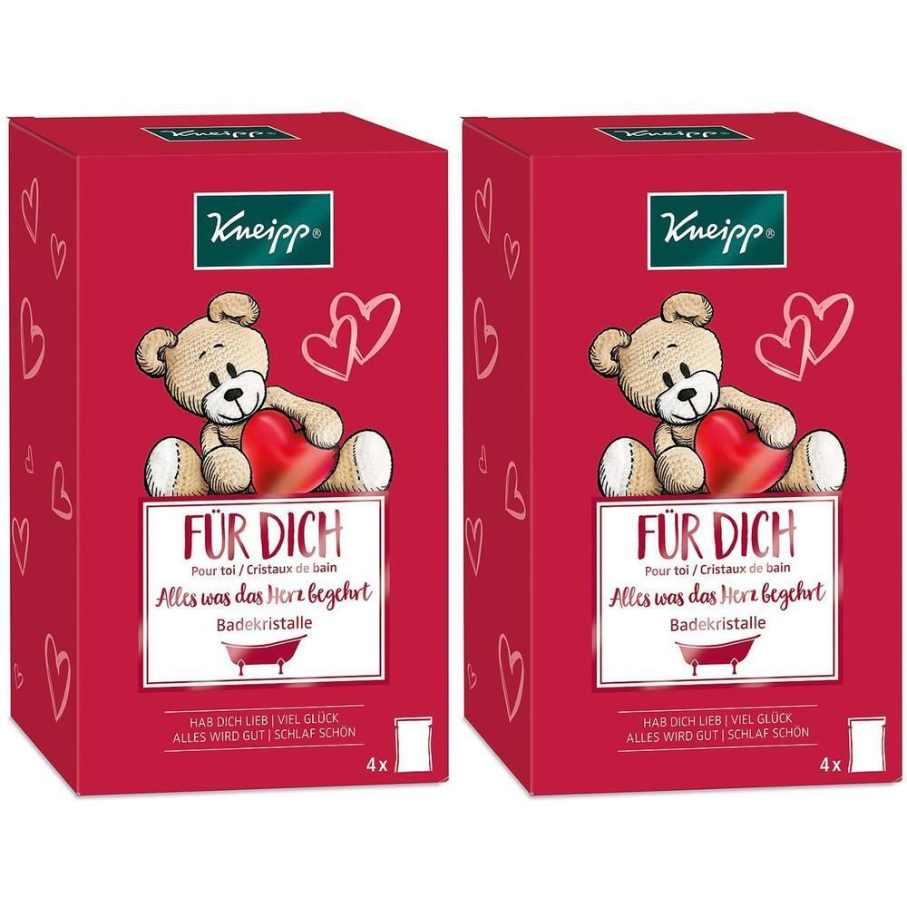 Zwei rote Geschenkboxen mit Kneipp-Logo, Teddybär mit Herz, Schriftzug „Für Dich“. Enthält Badekristalle.
