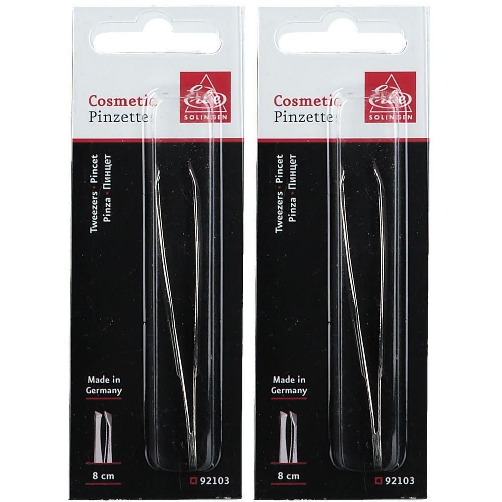 Zwei schräge Pinzetten in Verpackung. Aufschrift: Cosmetic Pinzette, 8 cm, Made in Germany. Marke: Solingen.