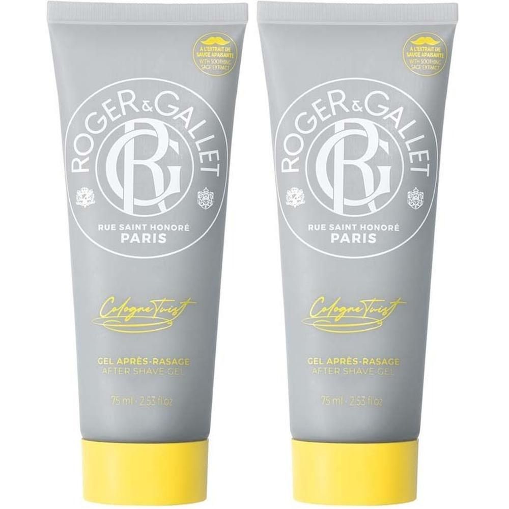 Zwei Tuben ROGER&GALLET After-Shave Gel. Graue Tuben mit gelben Deckeln. Logo und Schriftzug in Weiß und Gelb.