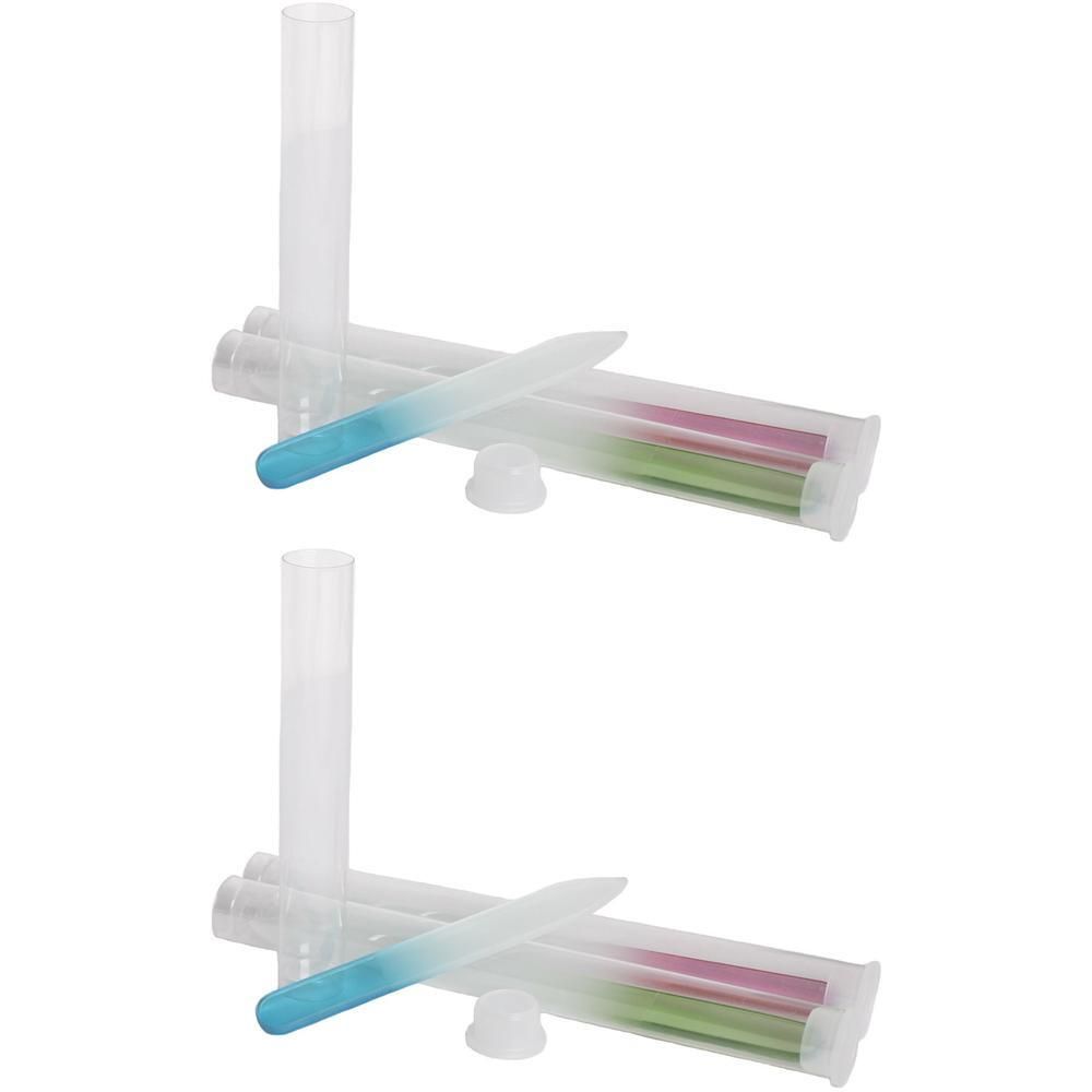 Mehrere Glasnagelfeilen in transparenten Röhren. Farbverlauf von blau/grün zu transparent. Mit Verschlusskappen.