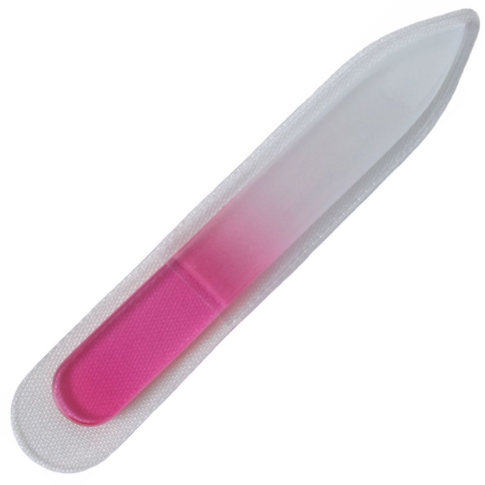 Glasnagelfeile mit rosa Farbverlauf in weißer Schutzhülle. Spitze Form.
