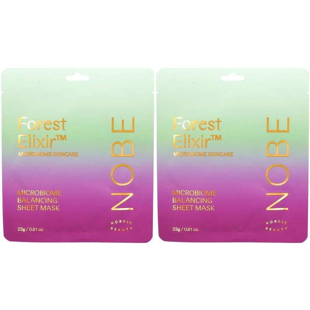 Zwei Beutel der Mikrobiom-ausgleichenden Tuchmaske. Aufschrift: Forest Elixir, NOBE, Mikrobiom Balancing Sheet Mask. Farbverlauf von Grün nach Pink.